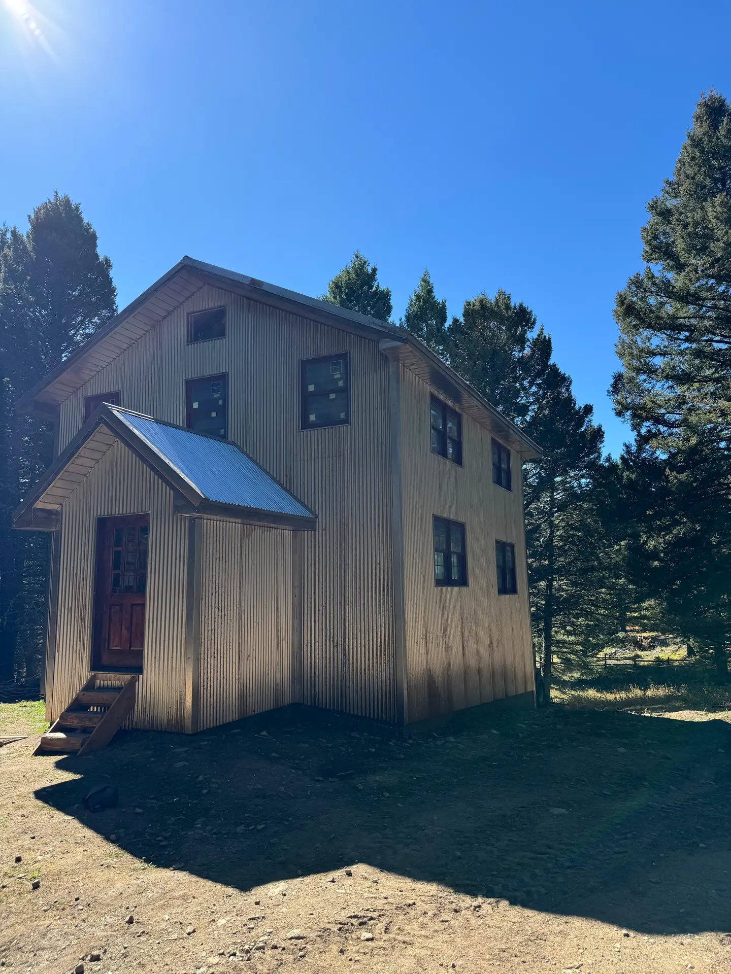 A tall board-and-batten cabin in a stand of pines, lit by low sun